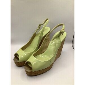 Jimmy Choo Lime Patent Cork Wedge Slingback Peep Toe US 8½ EU 39½ Pre-Owned